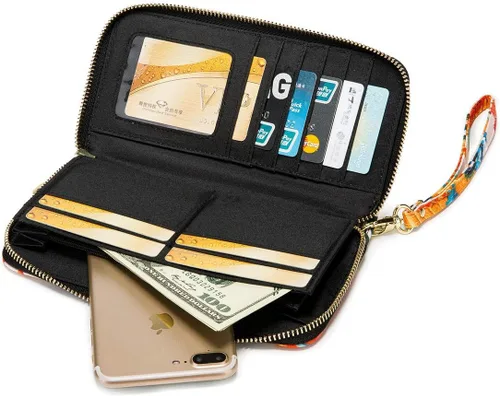Vista 137 de Cartera de mano para mujer, estilo bohemio, con RFID, elegante, espaciosa con correa para viajes, capacidad para tarjetas, teléfono, dinero