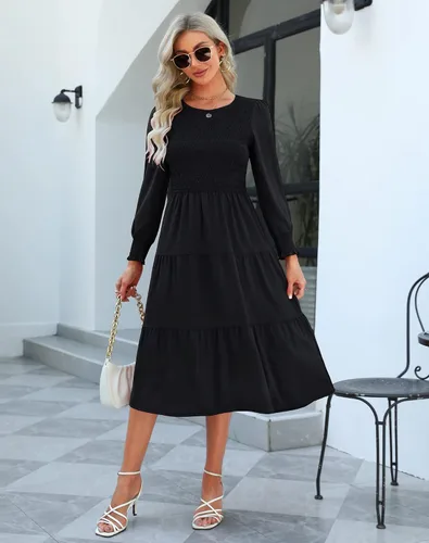 Vista 4 de Zattcas Vestido de otoño de manga larga para mujer 2023, corpiño fruncido y puños con lunares suizos, cuello redondo, escalonado, modesto, casual