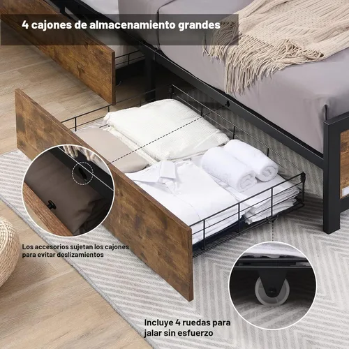 Vista 6 de Ailisite Marco de cama de tamaño individual de granja con almacenamiento y 4 cajones, marco de cama LED rústico con cabecera y estación de carga
