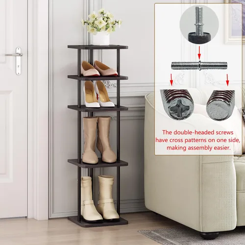 Vista 4 de SORCEDAS Estante vertical para zapatos de 5 niveles, organizador de almacenamiento de zapatos de madera para ahorrar espacio, estante estrecho