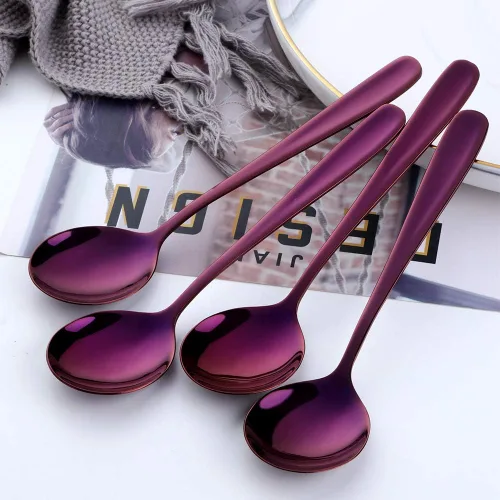 Vista 2 de Baikai Juego de 6 cucharas de sopa, cucharas de caldo de 7 pulgadas, acero inoxidable 18/10 con acabado de acero inoxidable 18/10 (morado)