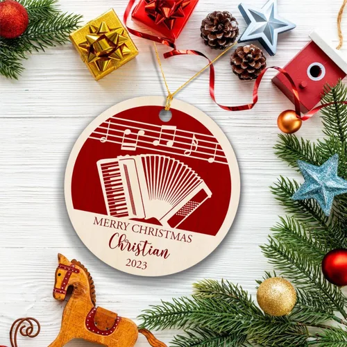 Vista 5 de Adorno de Navidad de instrumento musical de acordeón, nombre personalizado y adorno de año para acordeonista, regalo de profesor de música