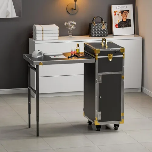 Vista 8 de Icoget Mesa de manicura portátil con ruedas para enseñanza de uñas, escritorio plegable de viaje con almacenamiento, mesa de manicura móvil