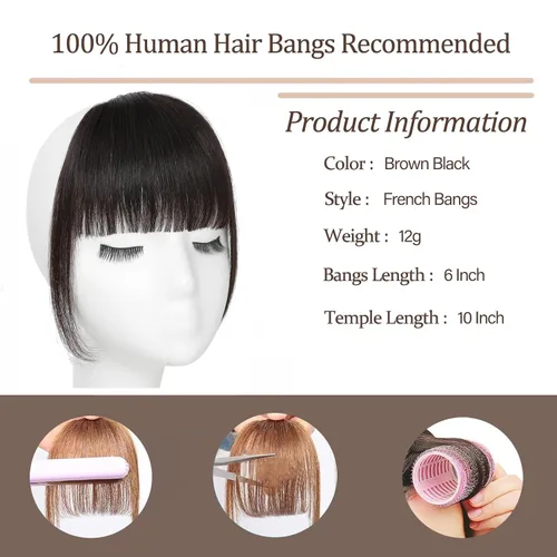 Vista 2 de YBYMCAI Flequillo con Clip - Cabello Humano Real Marrón Negro Flequillo con Clip Extensiones de Cabello Flequillo Falso Cabello Humano Flequillo