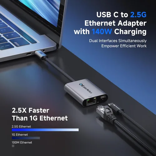 Vista 2 de Cable Matters Adaptador USB C a Ethernet de 2.5 Gb con carga de 140 W, velocidad de red de 2.5 Gigabit, adaptador USB C a Ethernet compatible