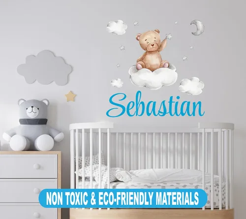 Vista 2 de Calcomanía de pared de oso de peluche con nombre personalizado, luna, estrellas, nubes, acuarela, decoración de habitación de bebé para niños