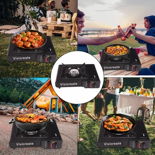Vista 5 de Vivicreate Estufa de gas butano portátil de 8500 BTU para acampar, cocinar al aire libre, quemador portátil ligero con encendido automático, estufa
