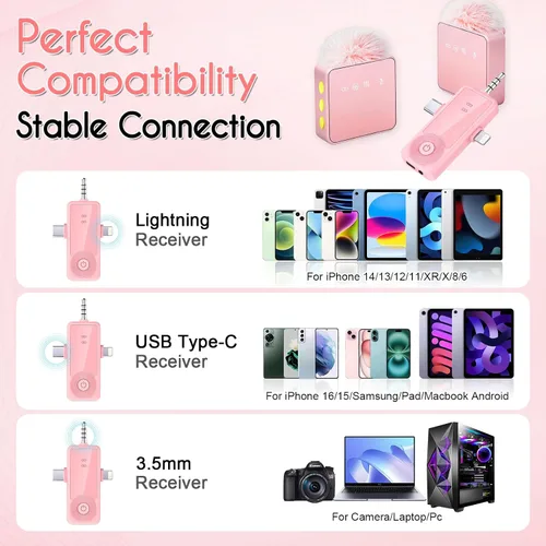 Vista 4 de Mini micrófono inalámbrico para iPhone/Android/cámara, reducción de Rosa