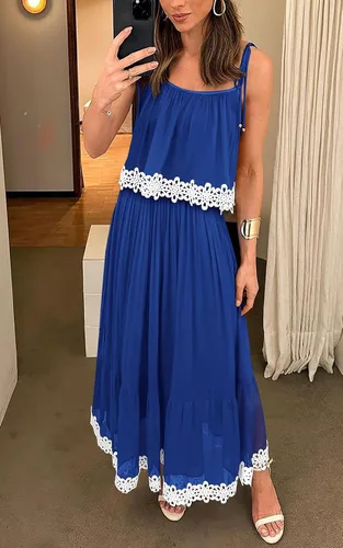 Vista 2 de NALANISA Vestido de verano bohemio para mujer, con lazo, tirantes delgados, acampanado, con volantes, para la playa