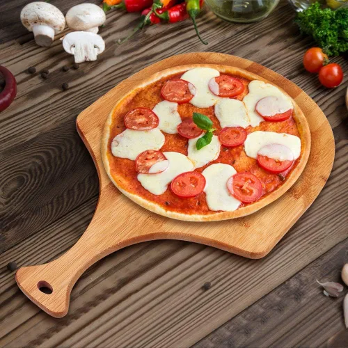 Vista 2 de Tabla de bambú para despegar y servir para pizza, bandeja multifuncional de embutidos de 12 x 18 pulgadas, tabla de cortar para queso, frutas