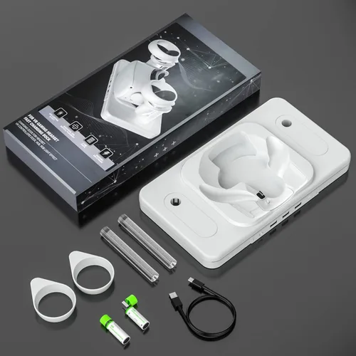 Vista 6 de Base de carga VR para Oculus Quest 2Meta Quest 2, accesorios de realidad virtual estación de carga con 2 baterías recargables compatible con luces