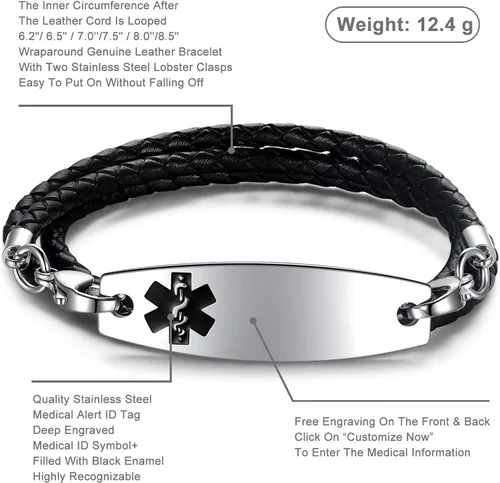 Vista 6 de JF.JEWELRY Pulseras de alerta médica personalizadas personalizadas para mujeres y hombres 3 capas de cuero trenzado negro pulseras médicas