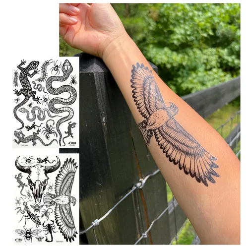 Vista 9 de Tatuajes temporales para mujeres adultas – 2 hojas – Black Big Ying y Yang Koi Fish Kanji Love Skeleton Heart Hand Skull Lotus Sleeve Adultos Tattoo
