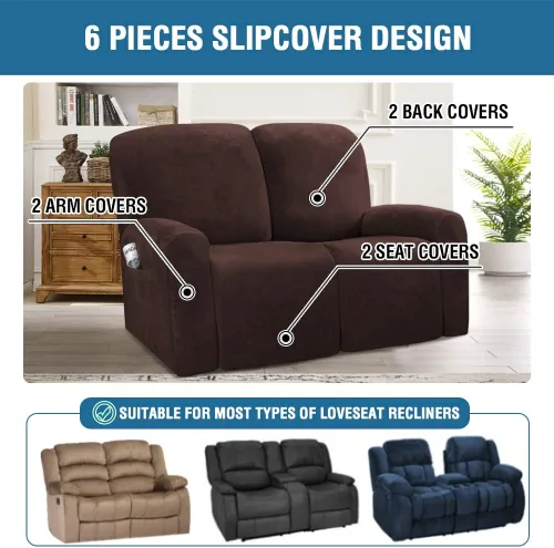 Vista 2 de H.VERSAILTEX Fundas elásticas de terciopelo para sillón reclinable, 6 piezas, fundas para loveseat reclinable de 2 cojines, fundas para sofá