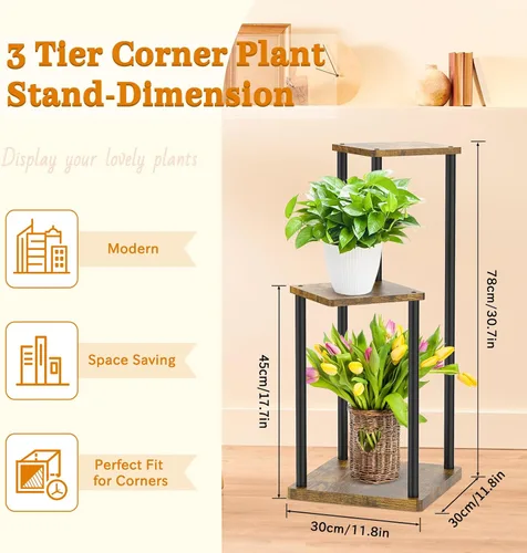 Vista 2 de Oppro Soporte para plantas de 3 niveles para interiores, soporte de esquina de metal de madera escalonada, soporte para macetas, estante de madera