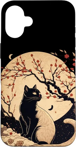 Vista 23 de Kawaii black cat japanese with cherry blossom anime style Case for iPhone 16