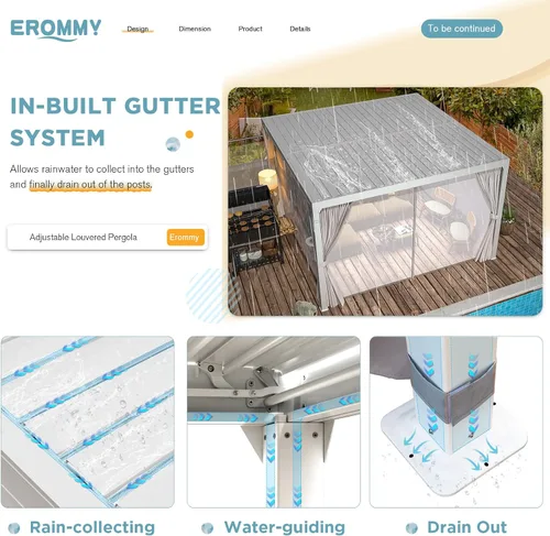 Vista 4 de EROMMY Pérgola con Persianas de 10x10 Pies, Refugio de Sombra Solar para Exteriores con Marco de Aluminio y Techo de Metal Ajustable Resistente a