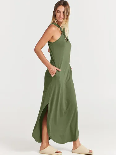 Vista 4 de ANRABESS Vestido largo casual de verano para mujer, con tirantes cruzados, sexy, abertura lateral, sin mangas, suelto, para playa, con bolsillos