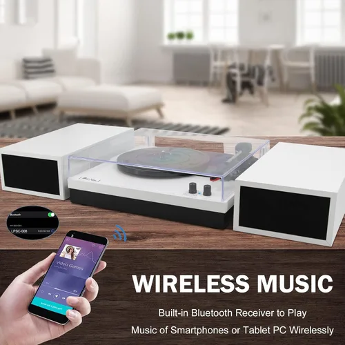 Vista 2 de LP&No.1 - Paquete de tocadiscos moderno con altavoces estéreo de estantería de doble potencia, preamplificador phono incorporado, transmisión por