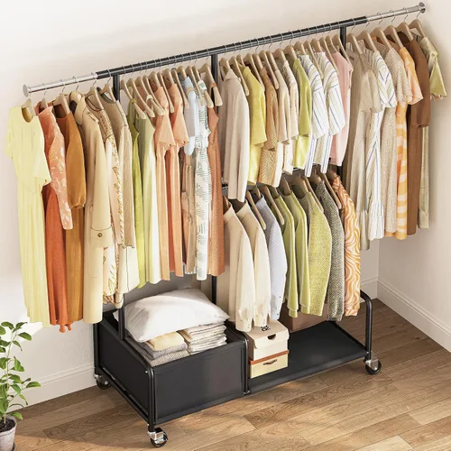 Vista 7 de Raybee Percheros para colgar ropa, perchero ajustable con ruedas bloqueables, estantes de almacenamiento, estante multifuncional para dormitorio