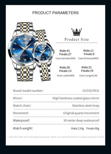 Vista 53 de OLEVS Juego de 2 relojes de cuarzo para parejas de San Valentín, calendario luminoso, ventana de fecha, 3 ATM, impermeable, casual, acero