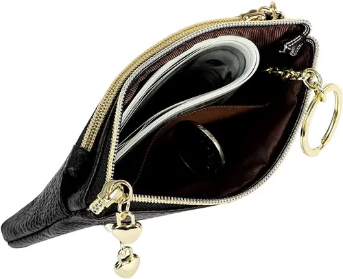Vista 4 de Monedero de cuero genuino para mujer, con cremallera, bolsillo y bolsillo, Negro -, Minimalista