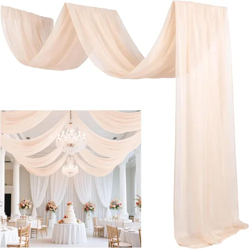 Vista 2 de Tela drapeada de arco de boda de 5 x 20 pies, 2 paneles de cortinas de techo, decoraciones de fiesta de champán, cortinas de gasa para telón