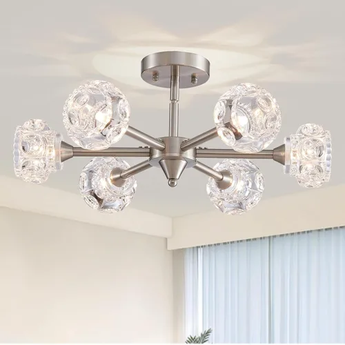 Vista 21 de XINGQI Lámpara de techo moderna de 6 luces, lámpara de montaje semiempotrado Sputnik, lámparas de araña doradas en negro para recámara, comedor