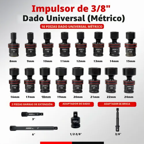 Vista 2 de Juego de llaves vaso de impacto universal de 3/8 de pulgadas, juego de 20 llaves vaso giratorias, llave vaso de junta universal de 6 puntos