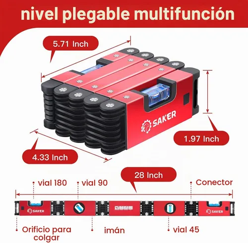 Vista 2 de Nivel plegable multifunción de Saker, herramienta niveladora de 28 pulgadas, regalos para hombres, herramientas de carpintería de medición