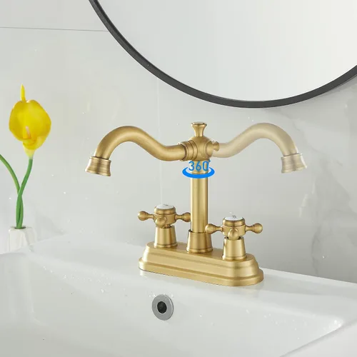 Vista 8 de Grifo de Baño GGStudy de Latón Antiguo de 2 Manijas de 4 Pulgadas Grifo Central de Tocador de Baño con Conjunto de Drenaje y Manguera de Suministro