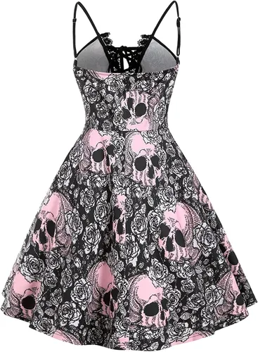 Vista 3 de Vestido de Halloween para mujer 2022, vintage, de manga larga, con lunares, de los años 1950, vestido de fiesta de ama de casa