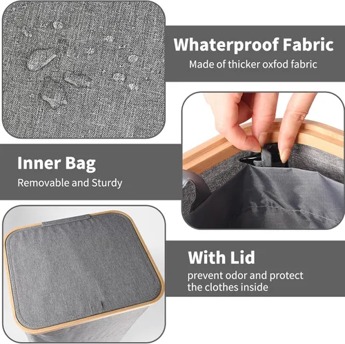 Vista 3 de Cesta de lavandería de 100 litros con tapa, cesta para la ropa sucia con asas de bambú y bolsa interior extraíble, cestas de ropa para lavandería