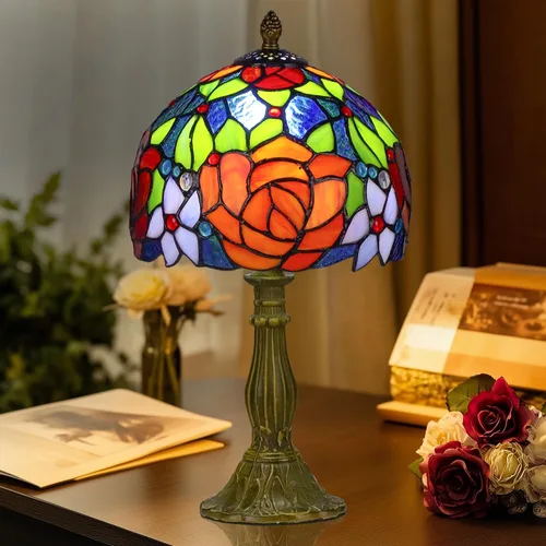 Vista 6 de Tiffany Style Lamp Rose Flower Lámpara de mesa de vidrieras rosa roja 8 x 8 x 14 pulgadas lámpara de escritorio de oficina en casa luces decorar