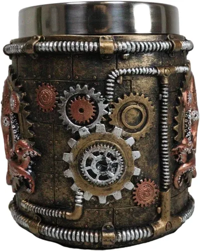 Vista 2 de Ebros Brazen Steampunk Kraken Octopus Cyborg con válvulas de engranajes robóticos esculpidos y tuberías Beverage Drinkware Serveware decorativo Taza