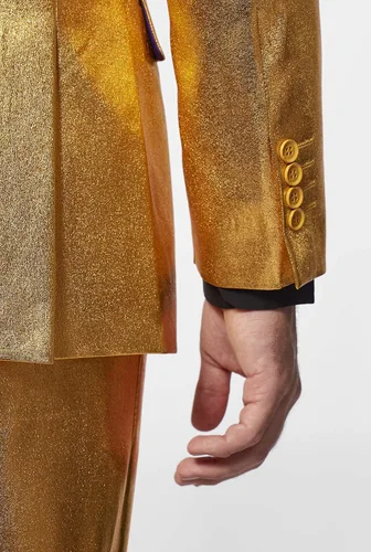 Vista 5 de Opposuits Traje de fiesta dorado para hombre, disfraz metálico de Año Nuevo y Navidad, incluye chaqueta, pantalones y corbata a juego