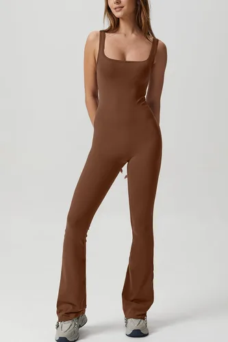 Vista 4 de QINSEN Enterizo de pierna ancha para mujer, sin mangas, cuello cuadrado, entallado, longitud completa, casual, Unitard