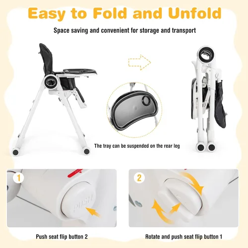 Vista 5 de BABY JOY Silla alta para bebés y niños pequeños, silla alta plegable con respaldo/reposapiés/altura del asiento, bandejas extraíbles dobles, cojín
