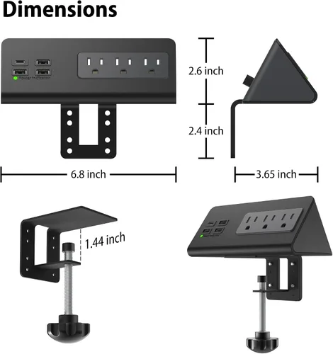 Vista 6 de Estación de Carga con Soporte de Abrazadera de Borde con Puertos USB-C, Protector contra Sobretensiones de Mesa, Enchufes de Alimentación