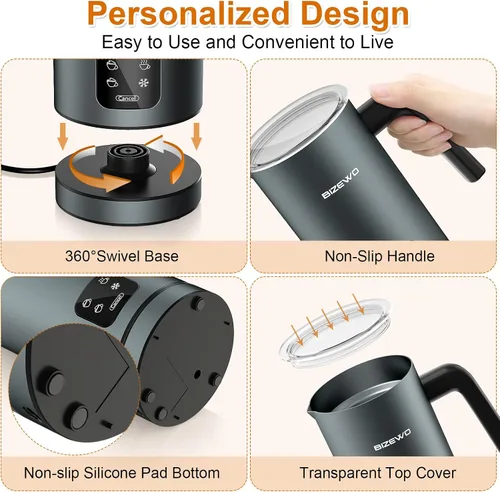 Vista 6 de BIZEWO Espumador de leche eléctrico, vaporizador de leche caliente y fría, calentador de leche automático 4 en 1 de acero inoxidable con pantalla