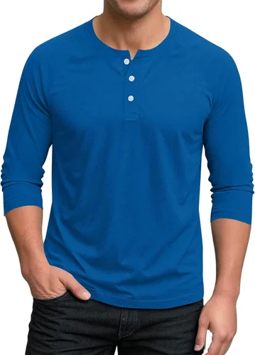 Vista 10 de Ctreela Camiseta Henley de manga 3/4 para hombre, estilo casual, ajustada, color sólido, manga larga, camiseta de béisbol
