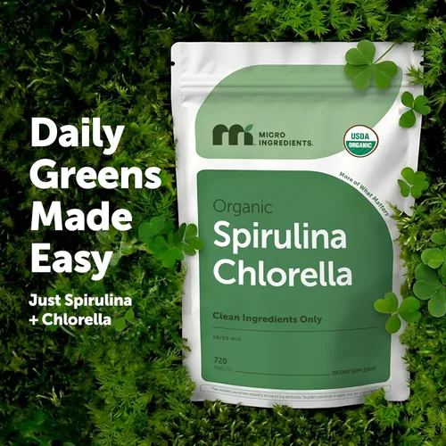Vista 5 de Tabletas de espirulina de Chlorella orgánica, 3000 mg por porción, 720 unidades, suministro de 4 meses, superalimento de mezcla 50/50, sin relleno