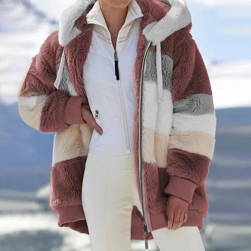 Vista 2 de Chaquetas de invierno para mujer, abrigo de felpa de color bloque de moda, casual, manga larga, suéter sudadera