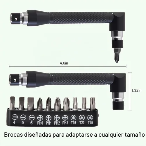Vista 3 de Kit de extensión de broca flexible de 17 piezas, adaptadores de 1/4" 3/8" 1/2" Rotación de 360°, ángulo recto de 105°/90°, eje flexible, brocas