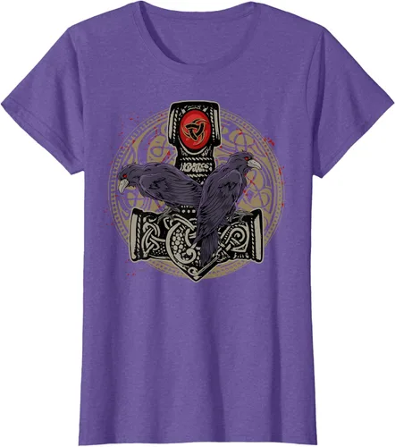 Vista 24 de Thors Hammer Mjolnir Huginn and Muninn Odin Raven - Camiseta, Negro, S