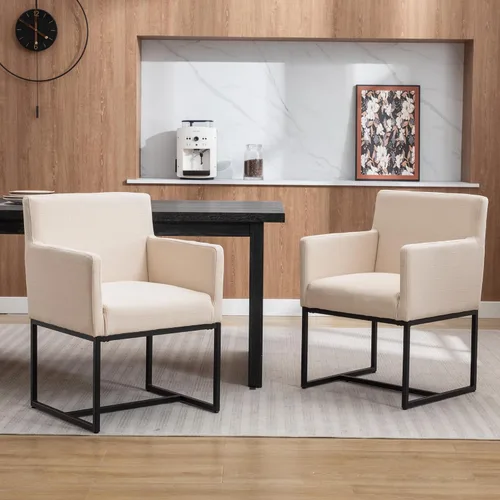 Vista 9 de BESTANO Juego de 2 sillas de comedor tapizadas con brazos de piel sintética de mediados de siglo, sillas decorativas modernas con marco de metal