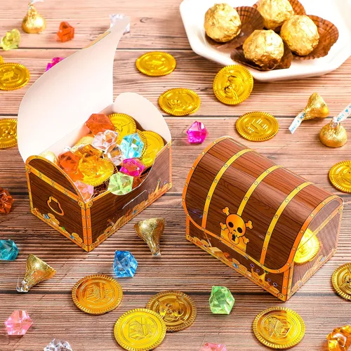 Vista 3 de Chinco Cofre de tesoros de cartón, cofre del tesoro pirata, caja de regalos para Halloween, juego de pirata, fiesta temática de piratas