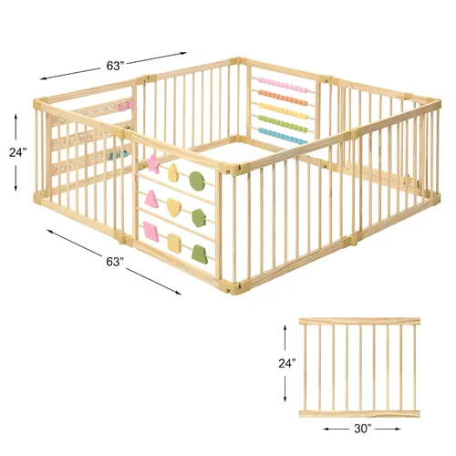 Vista 4 de ZETY - Corralito de madera natural para bebés, patio de juegos plegable de 8 o 10 paneles con panel de puerta y juguetes integrados, certificado CPC
