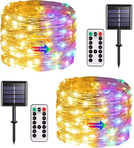 Vista 19 de JMEXSUSS Paquete de 2 luces solares de Navidad impermeables para exteriores, 100 LED de 33 pies, color blanco y multicolor, luces solares de hadas