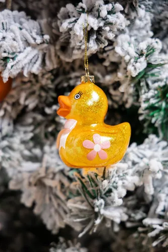 Vista 5 de Juego de 2 adornos de pato de goma de vidrio soplado a mano para árbol de Navidad, lindo adorno de Navidad de pato de goma de vidrio colgante